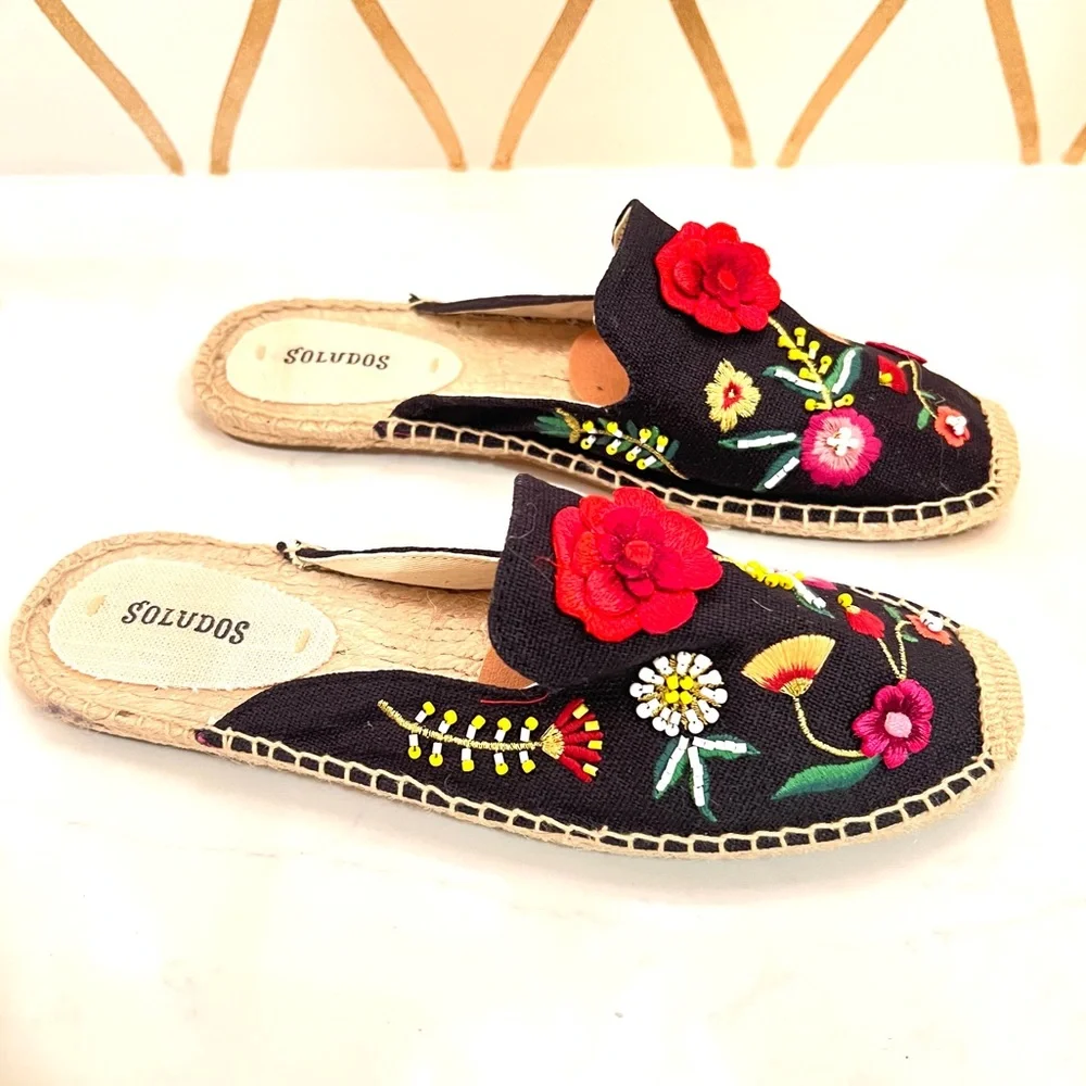 Soludos Black Espadrilles with Colorful Floral Embroidery